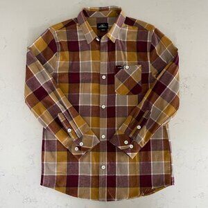 O'Neill Button Down LS 100% Cotton Check Shirt Burgundy Wht Tan Gold Sz S/M NWT